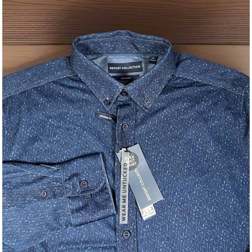 NWT-Report Collection Flex Knit Shirt Men L Navy Modern Fit Untucked Style